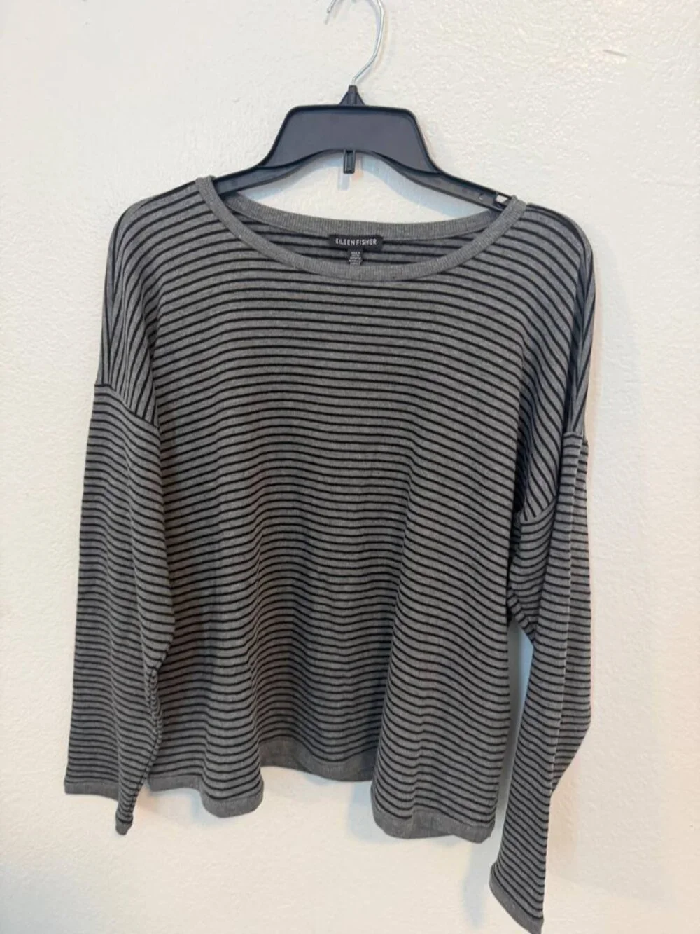 NWT Eileen Fisher Striped Cozy Brushed Terry Box Top Gray Black Size L